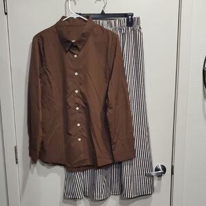 Brown Button-Up Shirt with Striped Skirt Set XL